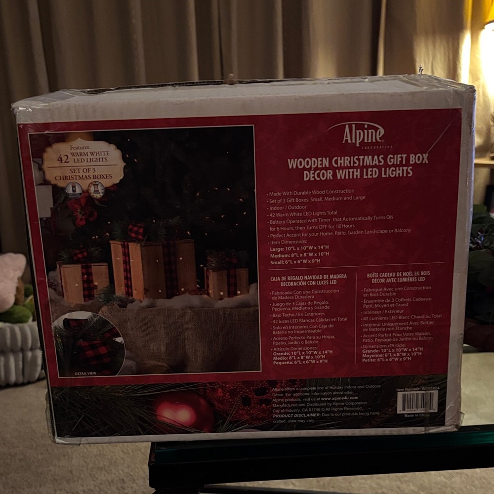 Alpine LED Wooden Christmas Gift Box Decor - Brown and Red